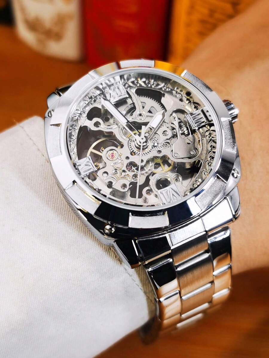 1 chiếc đồng hồ cơ tự động mặt vuông trong suốt thời trang, kim dạ quang, dây đeo thép không gỉ, đồng hồ nam phong cách công sở thường ngày.
