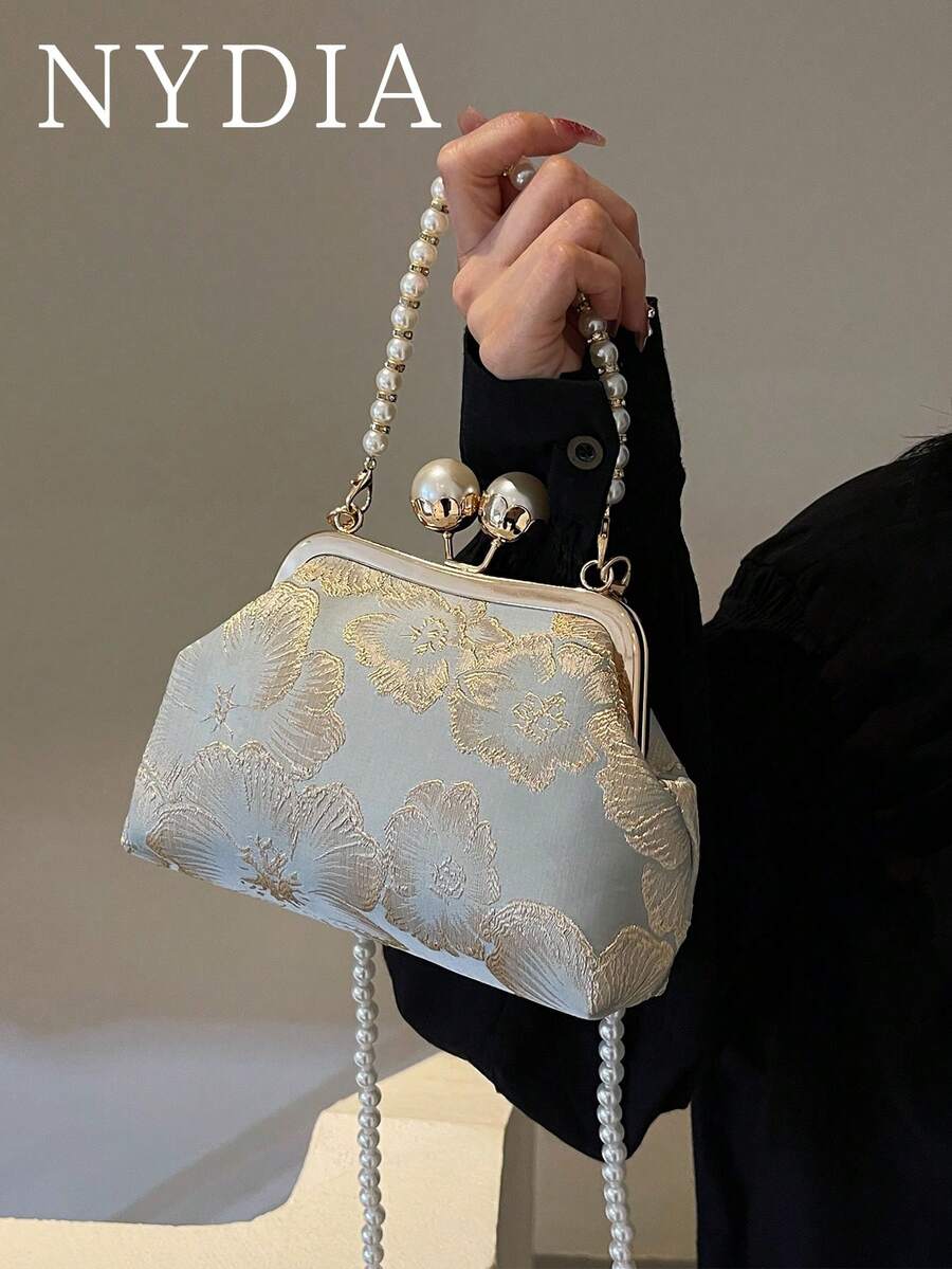 1 chiếc túi xách nữ kiểu Trung Quốc cổ điển thêu họa tiết, túi cầm tay đính ngọc trai thời trang, túi đeo chéo, thanh lịch cho tiệc cưới và buổi tối.