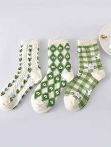 1/5 双女士碎花菱形图案提花心形纹理中筒袜，甜美百搭，适合日常穿着（5 双中款式随机） - 綠色 - 查看 3