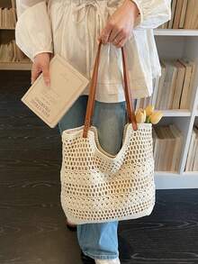 Dedoo Túi tote dệt thời trang dung tích lớn, túi đi biển khoét rỗng kiểu dáng giản dị, thích hợp cho kỳ nghỉ, dã ngoại biển và đi làm hàng ngày, mùa xuân/hè. - Màu be - Xem 10