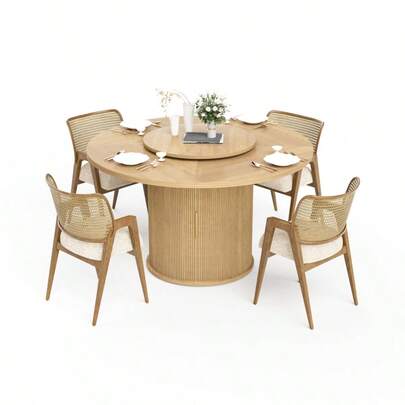 55-Inch Round Dining Table For Six Featuring A Double-Tiered Storage Rack And A Rotating Tabletop Tray. Wooden Wavy-Striped Sliding Doors. Ideal For Home Dining Room Living Room Natural .