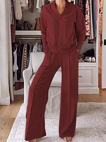 2-Piece Set Of Wide-Leg Pants - Loose Long-Sleeved And Pants, Anti-Wrinkle Both Office And Casual Wear, Washable Spring And Autumn Business Attire - 酒色 - 查看 2