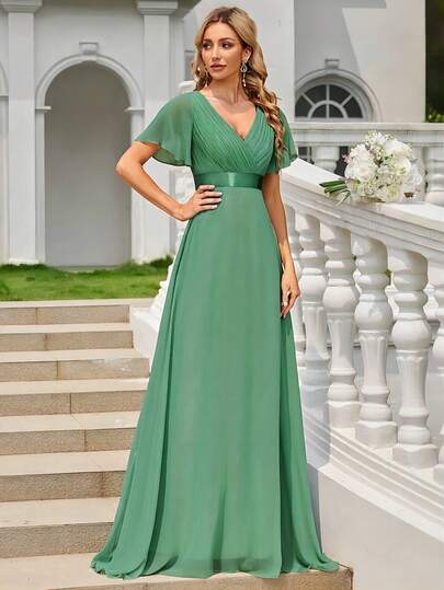 Solid Color Chiffon Butterfly Sleeve V-Neck Elegant Bridesmaid Dress Spring Wedding