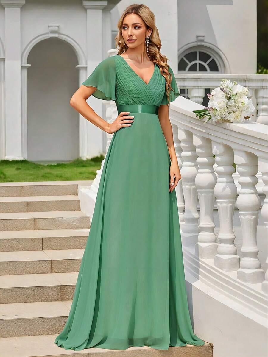 EVERPRETTY 纯色雪纺蝴蝶袖V领优雅伴娘礼服 春季婚礼 - 綠色 - 查看 1