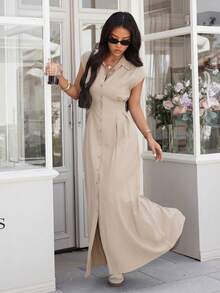ADD MODA REF AS1759 LONG SHIRT DRESS WITH BUTTONS AND COLLAR - Màu be - Xem 4