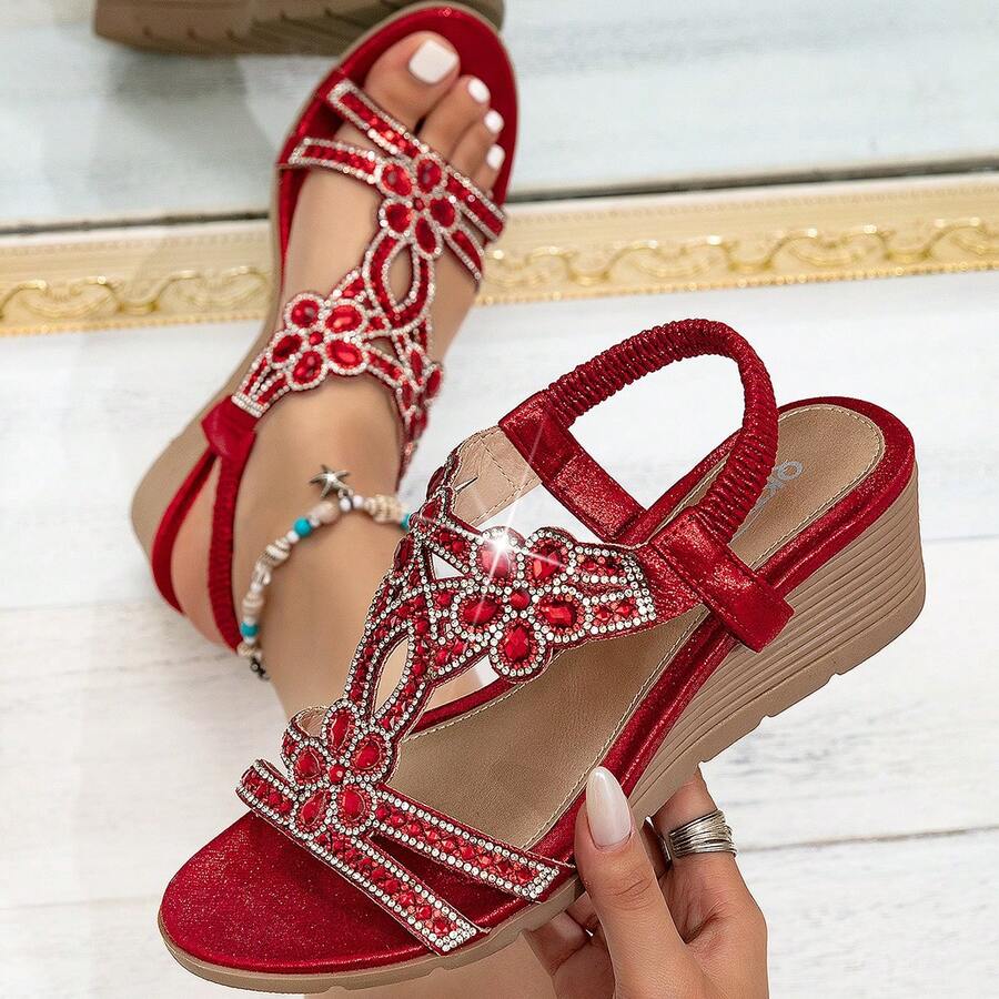 Women's New Platform Wedge Sandals - Vintage Rhinestone Elastic Band Bohemian Style Roman Shoes - Suitable For Vacation And Travel - Hot Pink - View 1