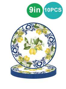 10 Pieces, Disposable Lemon Party Paper Plate Lemon Theme Party Decoration Spring And Summer 7/9 Inch Blue Tile Yellow Lemon Dessert Plate Tableware Set Suitable For Picnic Outdoor Party Birthday Party Summer Outdoor Party - Multicolor - View 4