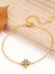 18K Gold Plated Pear-Shaped Crystal Four-Leaf Clover Bracelet, Bohemian Style Gold Summer Beach Vacation Stainless Steel Delicate Adjustable Chain Bracelet For Women - Gold - View 7