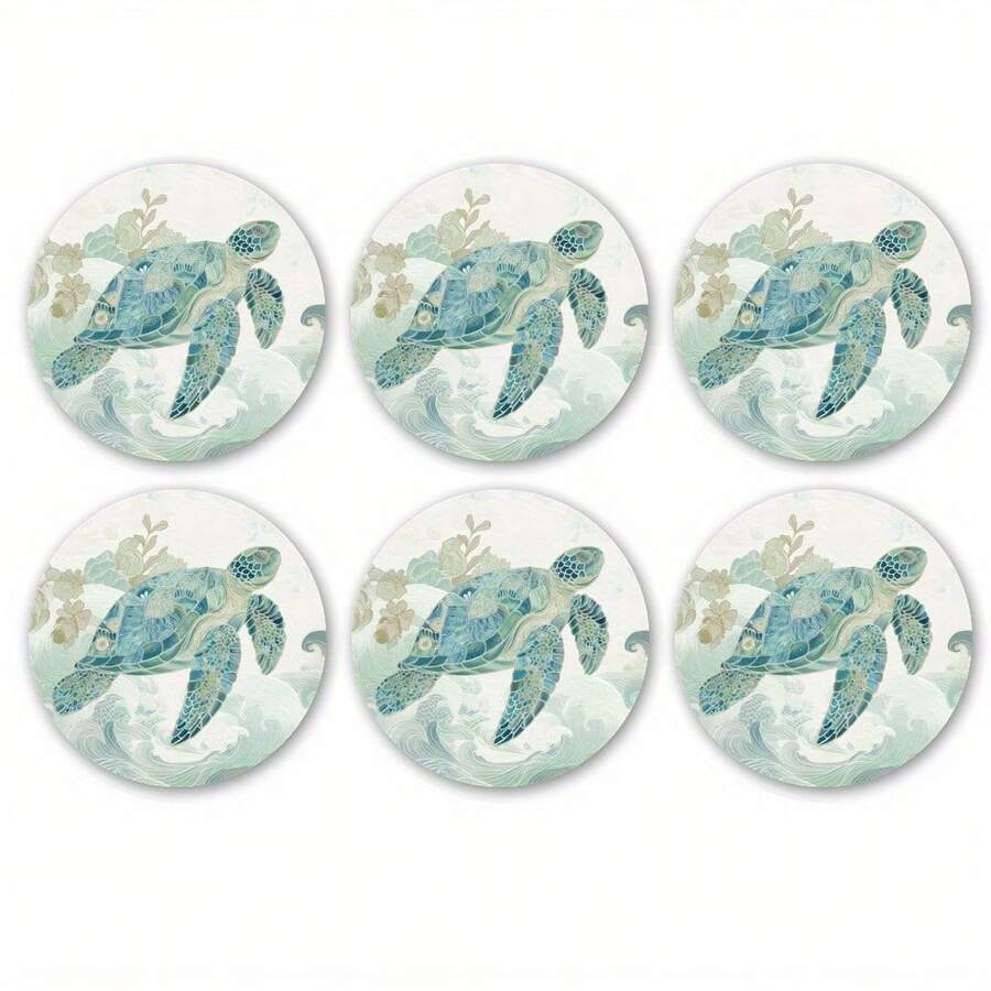 6-Piece Set Of Round Cork Coaster With Sponge Insert, Ocean-Themed Shell Pattern Beverage Tray. Perfect For Beach Enthusiasts And Summer Home Decor. - Multicolor - View 1