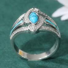 Minimalist Bohemian Synthetic Turquoise Inlaid Ring, Retro Fashion Versatile For Daily, Casual, Party Wear, Women's Anniversary Jewelry - Silver - View 2