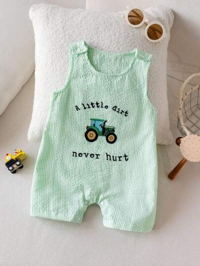Infant Baby Boy Green & White Striped Sleeveless Romper With "A Little Dirt Never Hurt" Embroidered Text And Tractor Graphic, Snap Closure At Shoulders And Bottom, Suitable For 0-2 Years Old, Playful Farm Style Baby