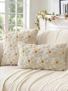 1 Peça Capa de Almofada Decorativa Primavera/Verão Branco Creme com Margarida, Decoração Estilo Country de Férias, Flor Amarela em Formato de Coração, Macia, Pelúcia Sintética Jacquard para Sofá Doméstico - Bege - Visão 4