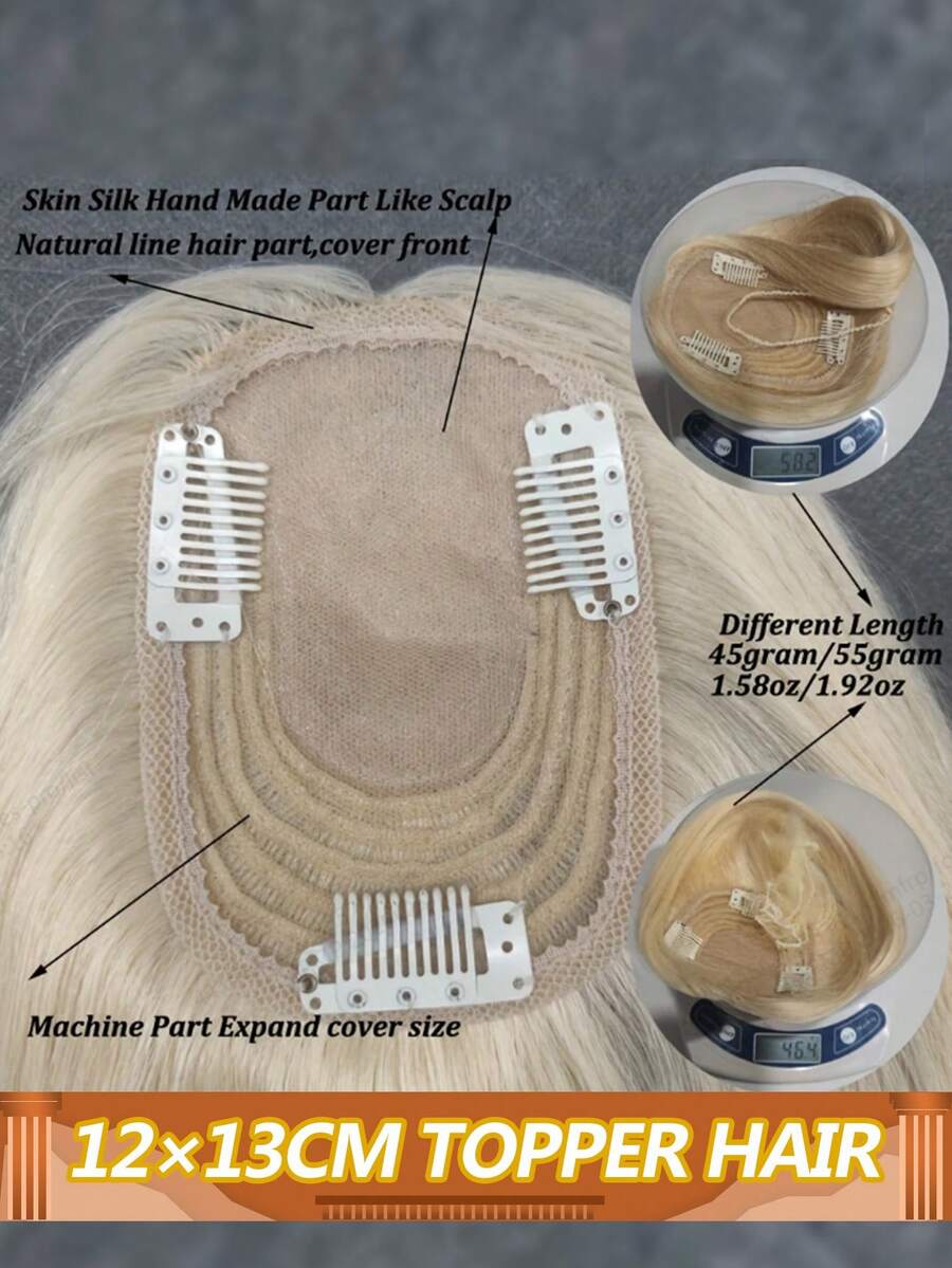 Tóc giả bằng tóc thật 12x13cm, tóc thẳng, kiểu kẹp cho nữ, tóc giả che đỉnh đầu bằng lụa, có mái, màu vàng, tóc nối kẹp #613 - S613 - Xem 1