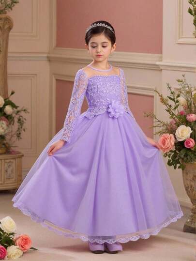 Tween Girls Long Sleeve Solid Color Lace Trim Faux Pearl Beaded Mesh Elegant Flower Girl Dress, Suitable For Birthday, Dance, Party, Hosting Banquet, Does Not Include Headband