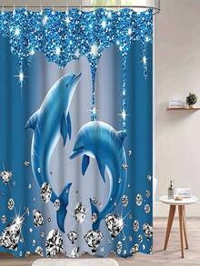 Bộ rèm tắm in hình cá heo lấp lánh kèm móc treo - Bao gồm thảm chống trượt, thảm hình chữ U và bọc nắp bồn cầu - Chất liệu polyester chống thấm nước, phù hợp mọi mùa. - A - Xem 19