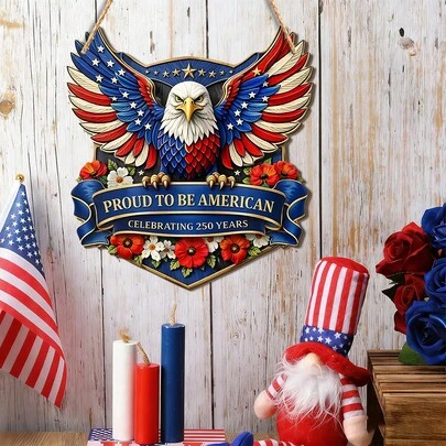 1/5pcs USA 250 Years Of Freedom Wooden Hanging Sign. Patriotic Bald Eagle American Flag Wall Plaque, With Hemp Rope For 4th Of July Independence Day. Home Living Room Dining Room Wall Art Decor Rustic Wood Front Door Hanger Gift.
