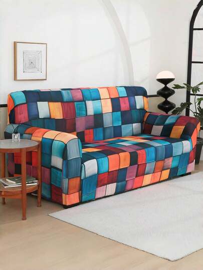 1pc Fashionable Home 3D Color Grid Watercolor Art Elastic Sofa Cover, Fully Digital Printed To Create A Romantic And Vibrant Space, Soft And Comfortable Fabric, Furniture Protective Cover, Perfect Gift For Easter, Mother's Day, Father's Day, Graduation Season, Universal In All Seasons