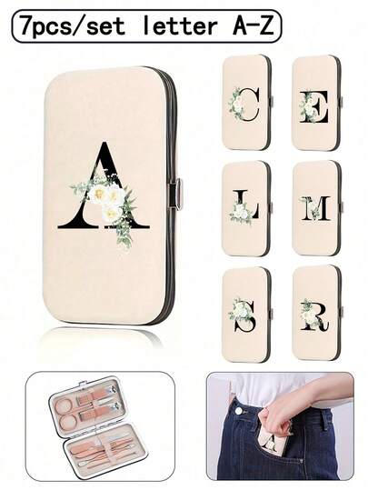 7-Piece Travel Nail Kit With Initial Letter Printing, White Flowers And Black Letters A-Z, Large Capacity Nail Care Storage Box, Equipped With Stainless Steel Tools, Ultra Sharp Splash Proof Nail Clipper Set, Classic Design Nail Clipper Box, Suitable For Mobile Beauty, Travel, Outings, Accommodation, School And Home Use.