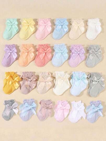 20/10/1 Pair Random Bow Decor Baby Girl Ankle Socks, Princess Style Socks With Mesh Design, Comfortable & Breathable, Suitable For All Outfits And Dresses, Daily Wear And Gifts For Valentine's Day And Thanksgiving, Infant/Newborn/Toddler Socks