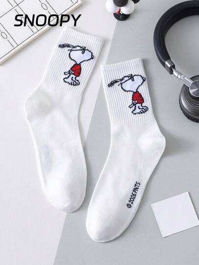  1 par de calcetines de tripulación blancos de verano con diseño auténtico de SNOOPY para hombres, calcetines de diseño de dibujos animados SNOOPY transpirables, resistentes al olor y que absorben la humedad, adecuados para estudiantes/adultos como regalo o uso diario