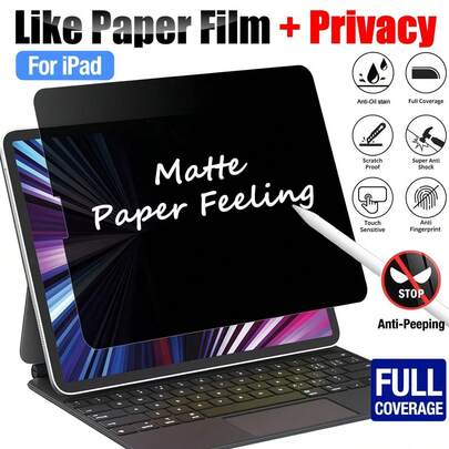 1 pieza Película protectora de pantalla mate anti-espía | Protección de privacidad con cobertura de pantalla completa y bordes curvos | Resistente a arañazos, a prueba de golpes, anti-huellas dactilares, sensible al tacto, sin retraso | Película suave (no de vidrio) aplicable para la 11a generación 2025 A16 / 10a generación 10.9" / Air 13 11 M4 M3 M2 2025 2024 / Pro 12.9"