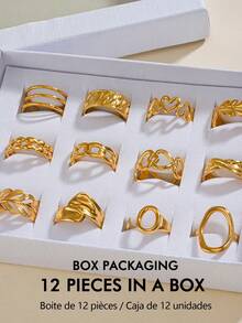 12 piezas Juego de anillos abiertos de acero inoxidable con tono dorado, diseños geométricos de corazón y hoja, anillos ajustables, uso diario elegante y regalo - Dorado - Ver 1