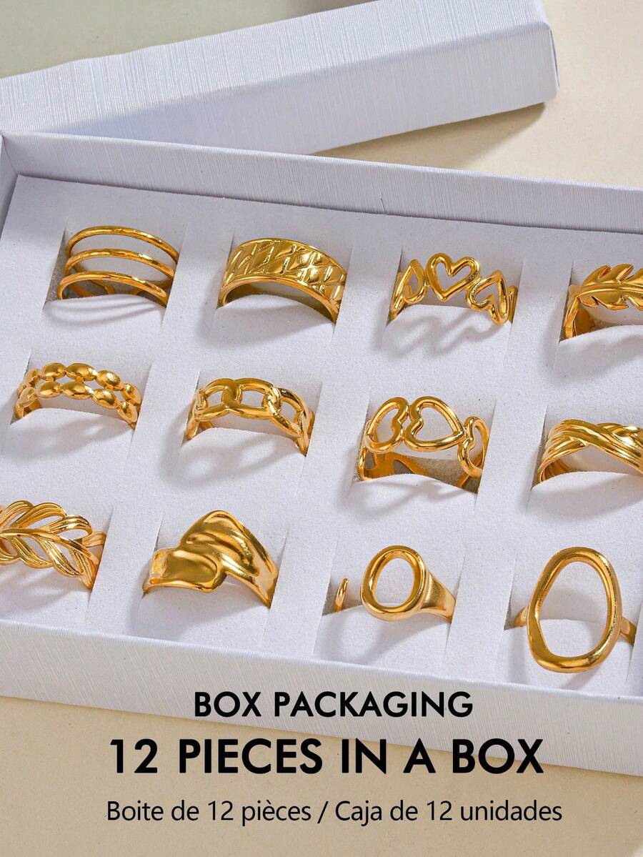 12 piezas Juego de anillos abiertos de acero inoxidable con tono dorado, diseños geométricos de corazón y hoja, anillos ajustables, uso diario elegante y regalo - Dorado - Ver 1