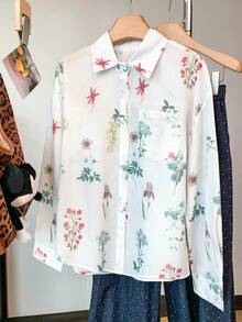 Camisa de mujer con bolsillo y estampado floral - Blanco-verde - Ver 3