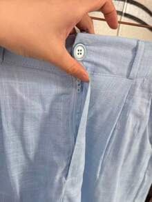 Linen Shirt And Shorts Set (2 Pieces) - Light Blue With Pockets - View 6