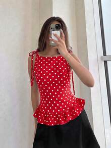 Nueva llegada Elegante y de moda Blusa casual sin mangas para mujer con volantes y lunares, adecuada para uso diario, ir al trabajo, citas sexys, todas las estaciones Rojo - Rojo - Ver 5