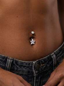 1件装304不锈钢星形肚脐环，女士款，闪亮透明立方氧化锆双星人体饰品，低过敏性穿孔配件，适合夏季海滩派对Y2K风格 - 銀色 - 查看 2