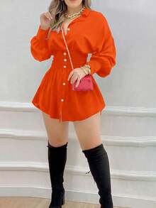 女士时尚印花褶裥长袖修身轻薄衬衫裙，通勤风春季款 - 亮橙色 - 查看 3