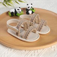 1 Pair Girls' Fashionable Versatile Striped Hook And Loop Design Sandals, Suitable For 0-1 Year Old Infant Girls Learning To Walk, Infant Shoes, Suitable For Spring, Autumn And Summer - Apricot - View 8