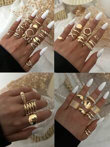 20/15/10/3pcs Vintage Elegant Casual Bohemian Style Women Metal Rings Set, Includes Baroque Asymmetric Ruffle Asymmetric Pearl Hollow Heart Geometric Water Drop Multi-Element Combination Metal Rings Suitable For Women's Daily, Party, Wedding, Holiday, Valentine's Day, Date Wear, Gift (Random Delivery) - Gold - View 3