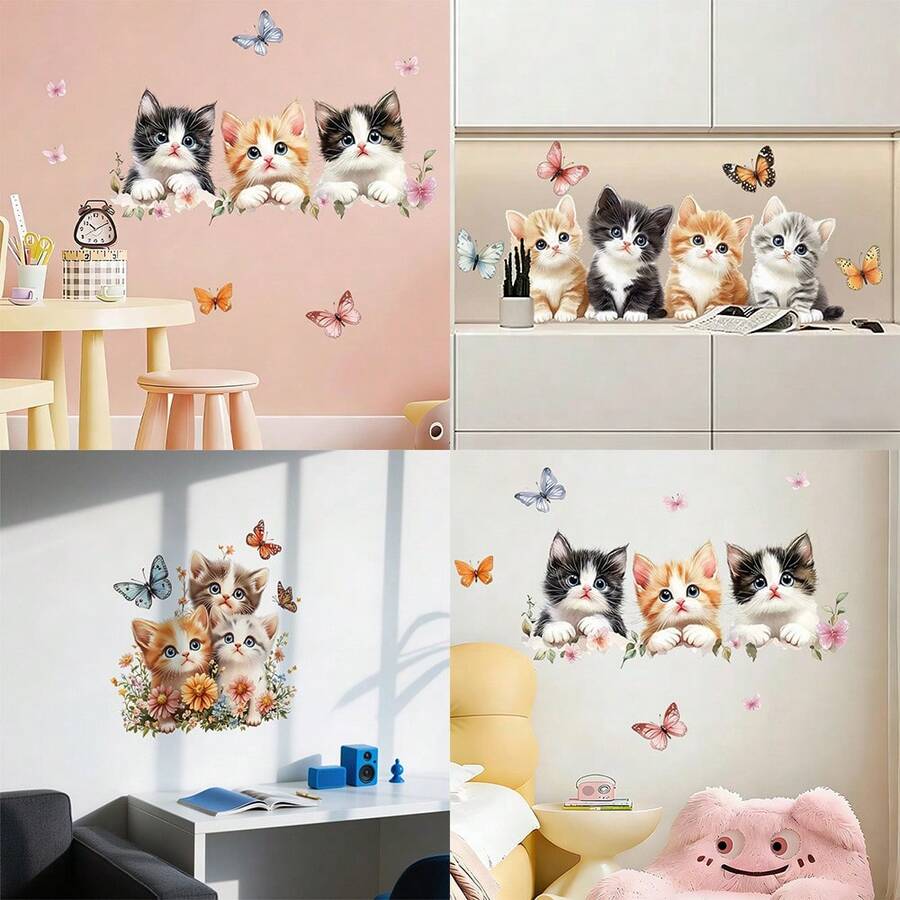 1pc Cute Cat Wall Decal, Colorful Butterfly & Floral Design, Removable Vinyl Wall Art, Perfect For Living Room, Bedroom, Office And Home Decor, Create Modern Aesthetic - Multicolor - View 1