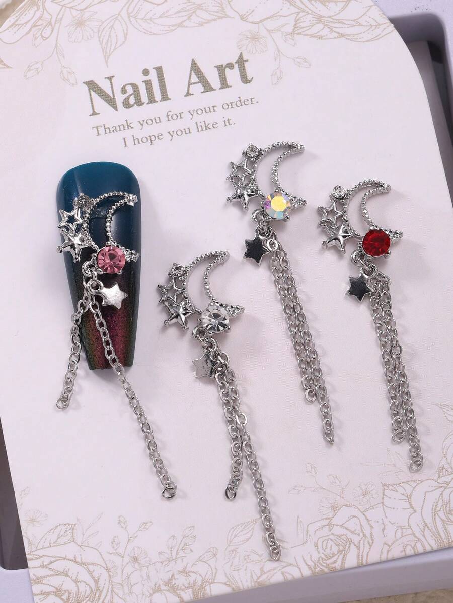 5pcs Star & Moon Chain Nail Decor, Luxury Silver 3D Alloy Metal Nail Jewelry, Multi-Color DIY Nail Art Accessories, Nail Gems, Nail Supplies Nails - Multicolor - View 1