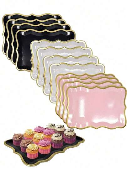 10pcs Elegant Gold-Rimmed Rectangular Paper Plates, Gold Rim Decor, Disposable Paper Plates, Thick Paperboard Trays, Suitable For Cake, Cookies, Desserts Display, Dining Table Party, Banquet, Elegant Design For Birthday Party, Wedding, Bridal Shower, Picnic And Daily Use