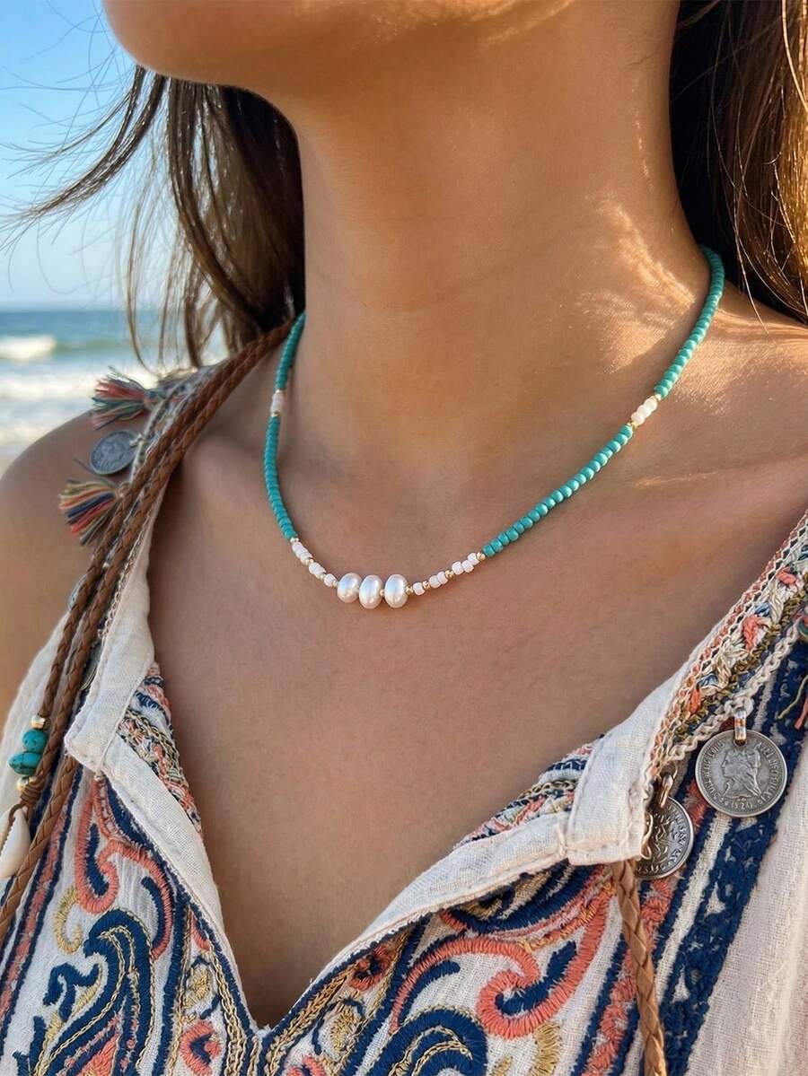 1 pieza Collar de mujer estilo bohemio con decoración de perlas falsas y cuentas de turquesa, joyería de estilo veraniego de playa, regalo para el Día de la Madre