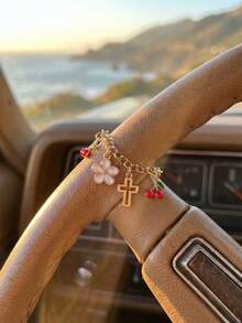 1pc Cute Cherry Blossom Cross Car Steering Wheel Hanging Ornament, Fits All Vehicle Models - A - View 3