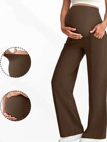 1 pièce Pantalon de maternité avec poches, avec un design de taille élastique qui ne comprime pas l'abdomen, deux poches latérales pour la commodité. Style jambe droite avec un design de support abdominal haut élastique en forme de U/complet. Fabriqué dans un tissu très élastique. Idéal pour la maternité, le yoga, l'entraînement, le jogging, la fitness et les sports - Café - Voir 2