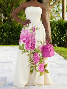 露肩印花收腰无袖连衣裙，适合休闲、度假、派对、正式晚宴等场合。 - 杏色 - 查看 6