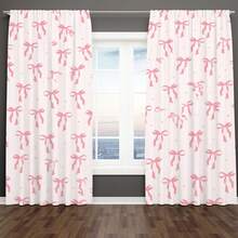 2D Flat - 2D Flat - Set Of Two Flat Curtains Featuring A Pink Ribbon Bow Design, With A Light Pink Backdrop Adorned With Playful Dots. These Charming Drapes Are Perfect For A Bedroom Or Living Room, Adding A Soft And Whimsical Touch To A Room, Window - 2pcs - 查看 6