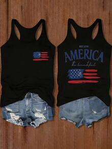 Jiacheng Z Women's 4th Of July Independent Day US Flag Print Casual Tank Top Summer,Usa Top,4th Of July ClothesPlus Size Women Sleeveless Spring Tops Loose Comfy Vacation Outfits - 黑色 - 查看 5
