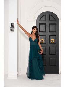 Greek Goddess Gala Dress In Tulle Without Glitter, With Capes And Invisible Zipper - Emerald Green - View 1