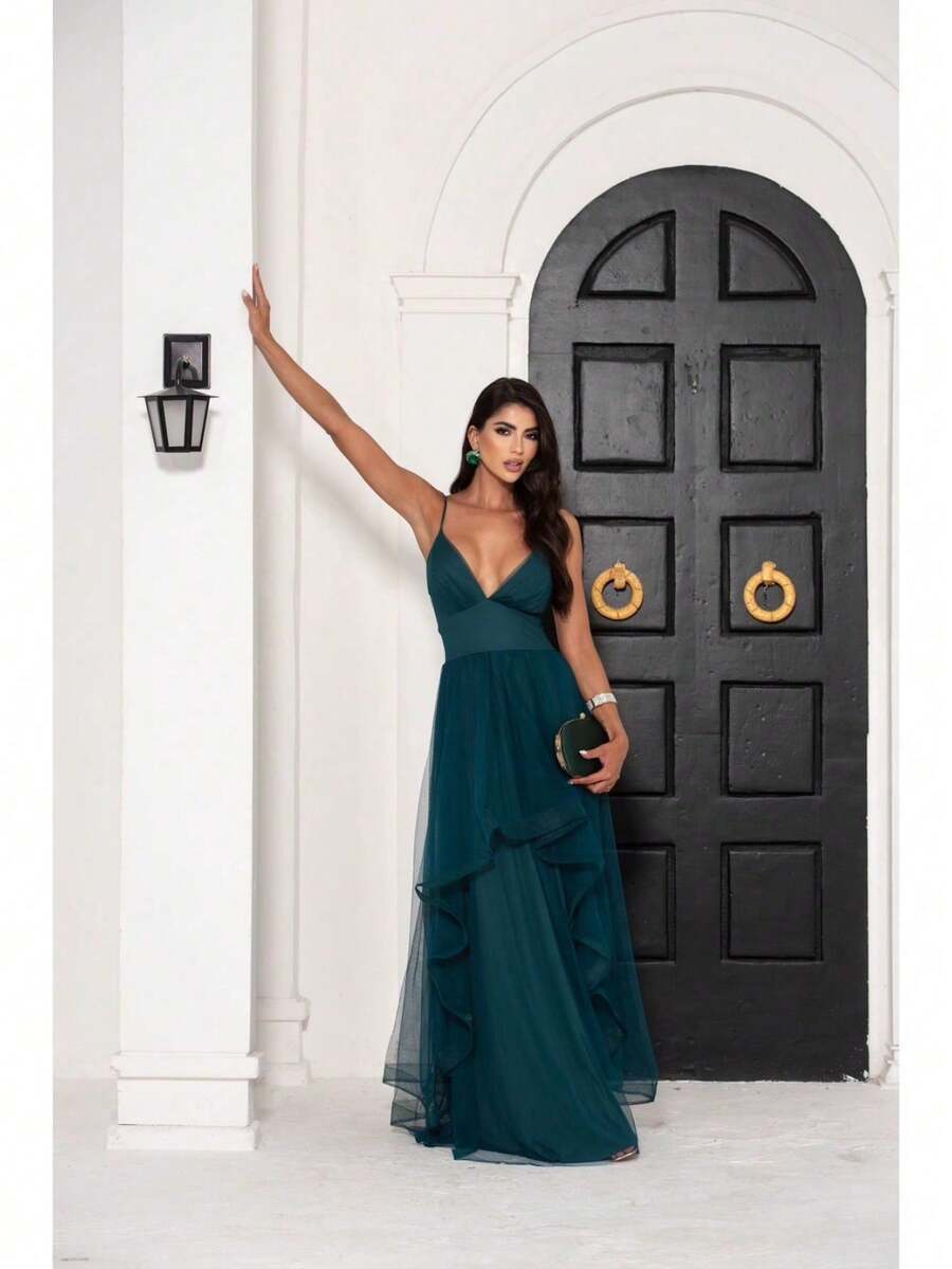 Greek Goddess Gala Dress In Tulle Without Glitter, With Capes And Invisible Zipper - Emerald Green - View 1