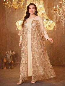 SUPGIR Plus Size Women Long Sleeve Reversible Waist Belt Sequin Patchwork Arabic Evening Dress Spring - Champagne - View 1