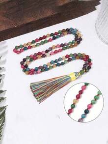6mm Tourmaline Mala Beads Knotted Necklace Women Men Japamala 108 Beads Yoga Meditation Prayer Jewelry Tassel Charm Bohemian Vintage Jewelry - 黑色 - 查看 3