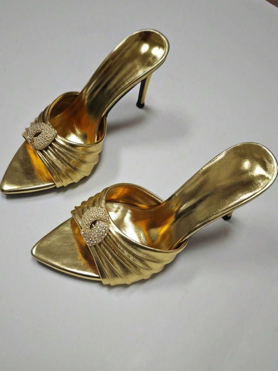 2025 Summer New Gold Pointed Toe Rhinestone Chain Buckle Strap High Heel Sandals, Elegant & Charming