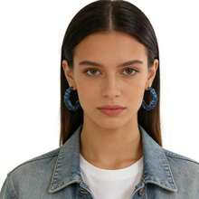 WCRAZYE Bohemia Denim Earrings Necklace Set For Women Punk Blue Jean Denim Chain Choker Necklace Simple Circle Round Denim Leather Statement Earrings - ColorA - 查看 2