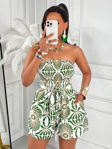 Sexy And Elegant Women's Floral Print Jumpsuit, Random Floral Pattern Summer Style - 藍色背景上點綴著棕色花朵 - 查看 3